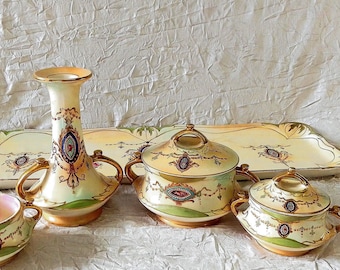 Antique Crown Devon S F & Co Dresser Set on Tray: Greba Pattern Ivory Blush