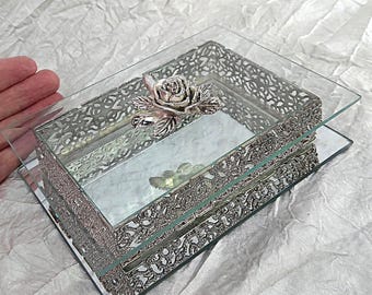 Silver Filigree & Glass Vintage Dresser Box - Bevelled Edges, Mirror Base, Rose Lid