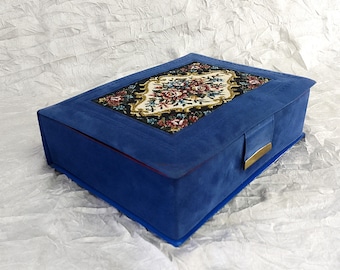 Vintage Jewellery Box: Petit Point & Plush Blue Velvet, Red Fitted Interior