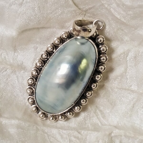 Vintage Silver Pendant Pale Blue / Gray Mother of Pearl Victorian Sterling Mount