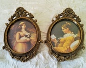 Pair of 50s Oval Portraits Young Women Dog, Ornate Florentine Brass Frames