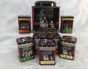 Vintage Tins Tea Caddy Set: 8 Pcs Oriental Chinoiserie, Made in Hong Kong