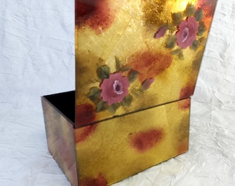 Vintage Glass Keepsake Box, Gilt Reverse Decoupage & Hand Painted Roses