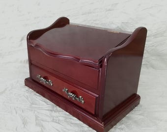 Vintage Polished Wood Jewellery Box: Slant Top Bureau, Long Drawer, Fully Fitted