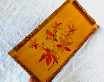 Vintage Arts / Crafts Wood Tray: Autumn Leaves, Hand Carved & Painted