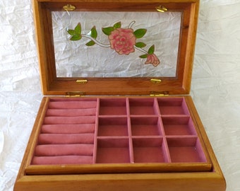 Large Polished Wood Jewellery Box Floral Glass Lid, Pink Interior, Hidden Section