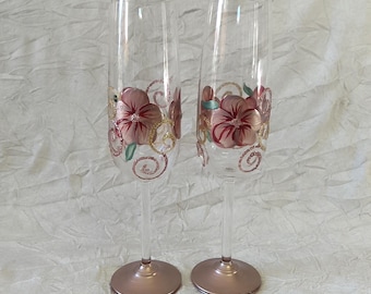 Vintage Bohemia Crystal Champagne Flutes Pair: Hand Painted Pink Flowers