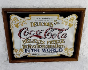 1970s Coca-Cola Bar Mirror – Wooden Frame, Vintage Advertising 41x31 cm