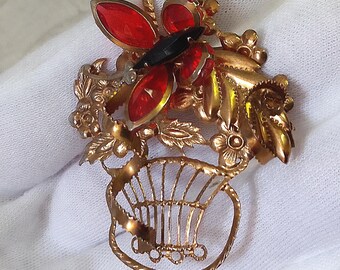 Vintage Butterfly Pendant on Snake Chain: Red / Black & Golden Flower Basket