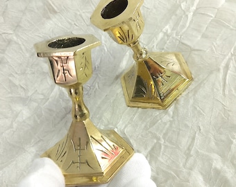Small Vintage Chinese Candlesticks Pair: Solid Brass, Handcrafted and Etched