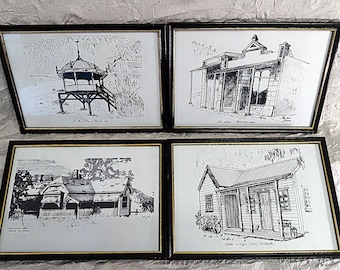 Vintage Framed Australian Prints: Walhalla Heritage Buildings, Pen & Ink Drawings