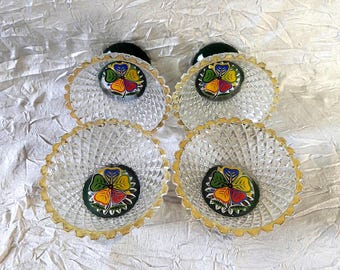 Diamond Cut Crystal Dessert Bowls Set of 4: Gilt Rims, Green Bases & Bright Decals