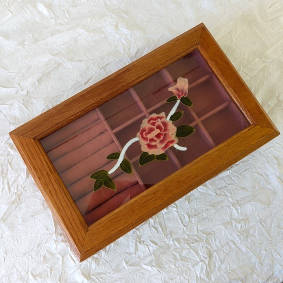 Large Polished Wood Jewellery Box Floral Glass Li… - image 2