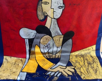 Vintage Picasso Scarf - "Femme Assise" Seated Woman, Vibrant Red & Blue, 87cm Square