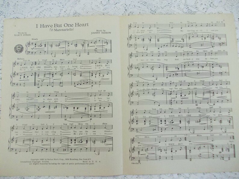 Frank Sinatra Sheet Music 1945 I Have But One Heart Columbia | Etsy