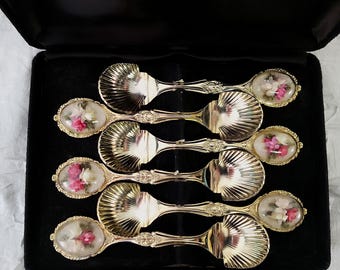 1980s Sonic Australia Gilt Spoon Set: Flower Domes & Shell Bowls, Original Case