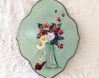 Hand Painted Wood Plaque for Wall or Table: Still Life Pansies in Vase 2005
