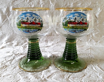 Vintage German Roemer Crystal Goblets Pair - Green Beehive Stems, Autobahn Bruchsal Souvenir