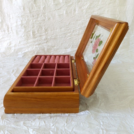 Large Polished Wood Jewellery Box Floral Glass Li… - image 4