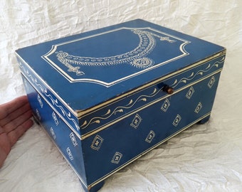 Tabletop Storage Box Solid Wood Made in India, Handpainted Blue & White, Distressed