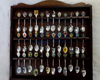 Vintage Wooden Spoon Rack Complete with 36 Souvenir Teaspoons, Wall Mounted