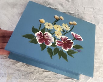 Vintage Bright Floral Dresser Box: Signed by Artist, Solid Wood Painted Blue