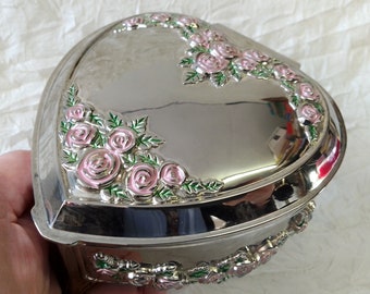 Vintage Silver Plated Heart Jewellery Box with Pink Roses, Hinged Lid & Red Lining