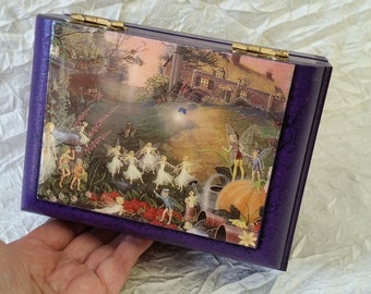 Old Handmade Dresser Box, Solid Wood Painted Purple, Dancing Fairies on Lid