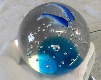 Art Glass Blue Dolphins Paperweight - Artisan Made, Controlled Bubbles, Medium Size