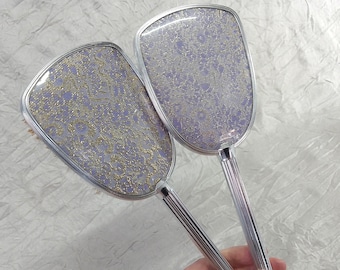 Vintage Vanity Set Hand Mirror & Hair Brush, Gilt Embroidered Lavender Backs