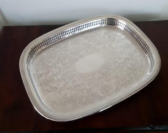 Large Rodd Australia Serving Tray - Silver Plated, Pierced Gallery Border, Chased Bed