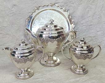 Vintage English Silver Plated Tea Set: Grape Vine Pattern, 3 pieces plus tray