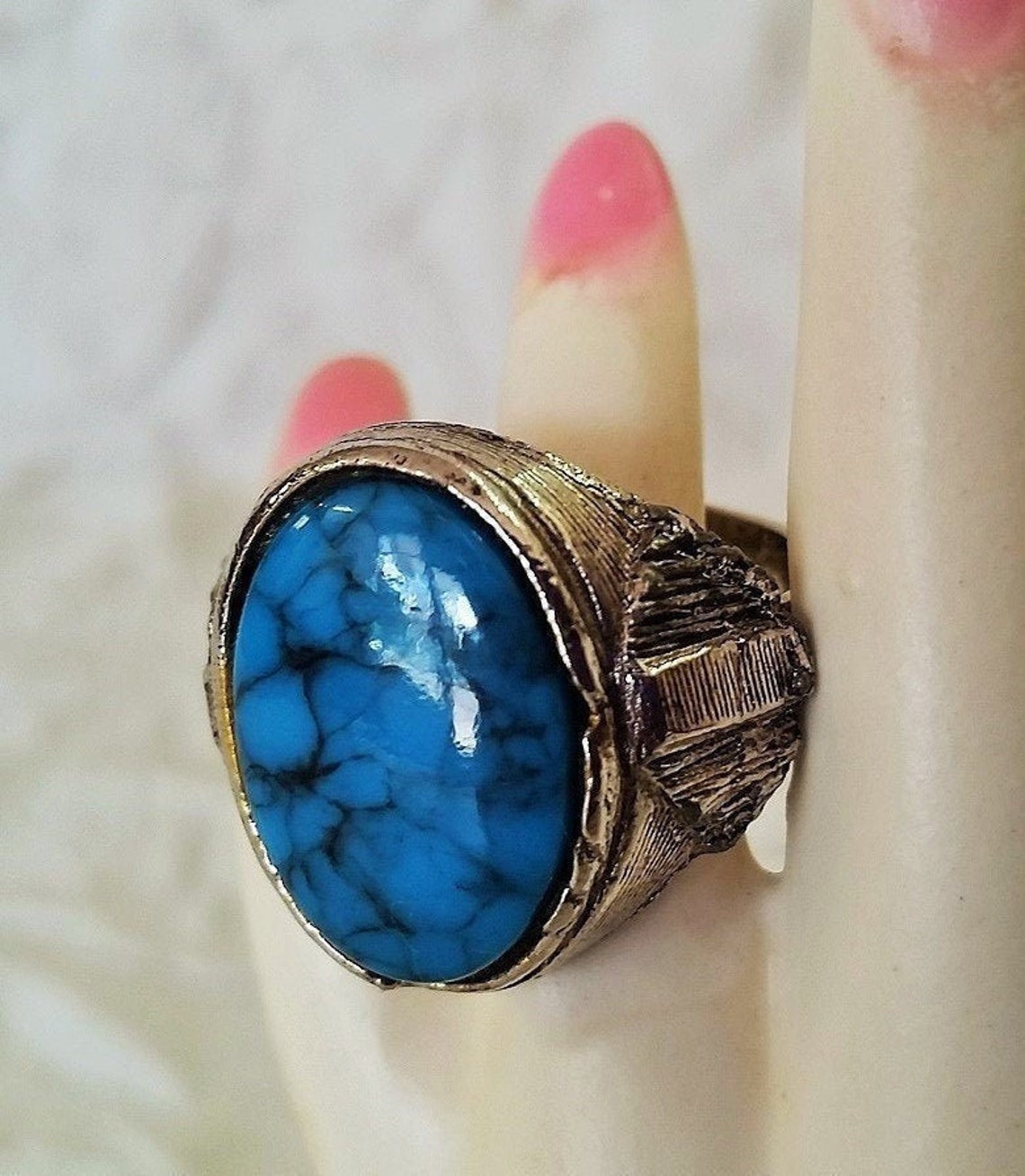 Vintage Chunky Ring Faux Turquoise in Antiqued Silvertone - Etsy UK