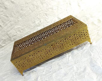 Mid Century Golden Filigree Tissue Box Holder: Hollywood Regency Ormolu