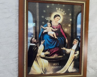 Vintage Framed Religious Picture: Ave Maria Rosario, Mary of the Rosary 33 x 40 cm