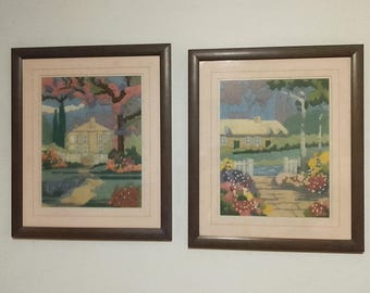 Vintage Longstitch Wool Embroidered Pair: Country House Scenes in Pastels, Custom Framed