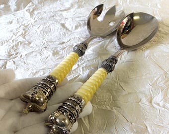Vintage Royal Crown Finial Salad Servers - Silver Metal, Plastic Spiral Handles
