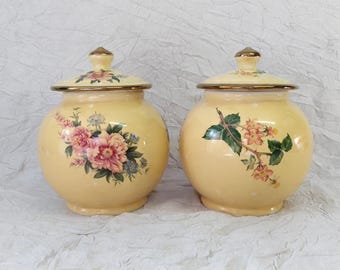 2 Robert Gordon Australia Lidded Pots - Yellow Floral ca 1990s, Cottage Kitchenware