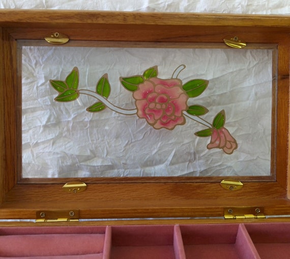 Large Polished Wood Jewellery Box Floral Glass Li… - image 9