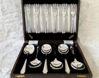 Boxed Mid Century EPNS Dessert Spoons & Forks Six of each, English Silver Plate