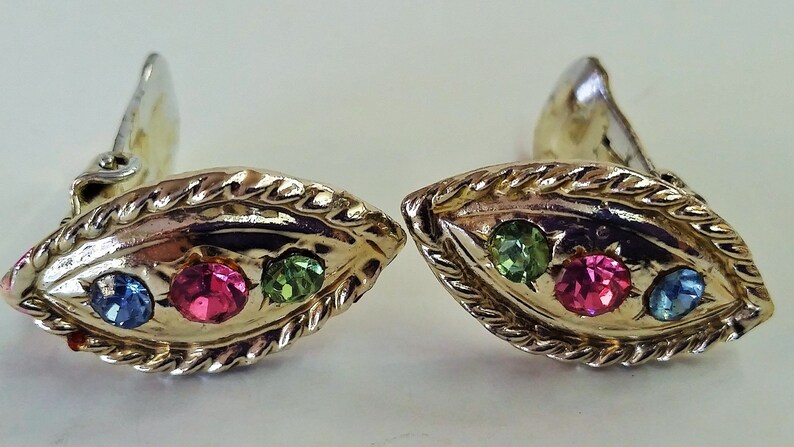 Vintage silver tone leaf necklace /& clip earrings set multi color rhinestones