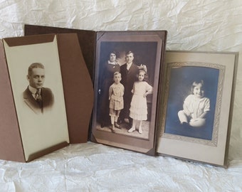 Three Antique Photos in Folders - Young Man, Small Girl & Family USA Portraits