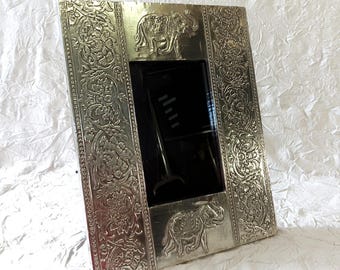 Vintage Indian Repoussé Picture Frame - Silverplate Clad, Elephants & Scrollwork