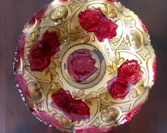 Antique Goofus Glass Bowl, Reverse Enamel Painted Roses & Gilt, Scalloped Edges