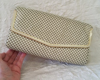 1970s Cream Ultra Mesh Handbag with Tag, Envelope Style, Snake Chain, Hong Kong