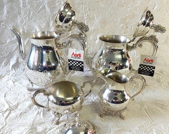 1970s Aarti India Silver Plated Tea Service - Two Large Pots, Sugar Bowl, Milk Jug