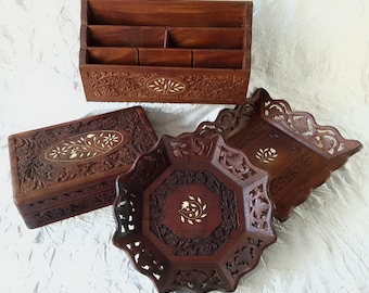 Old Anglo Indian Hand Carved & Inlaid Wood Pieces: Letter Rack, Box, Decorative Trays