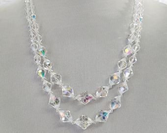 Vintage Bridal Crystal Necklace: Double Strand Faceted Aurora Borealis