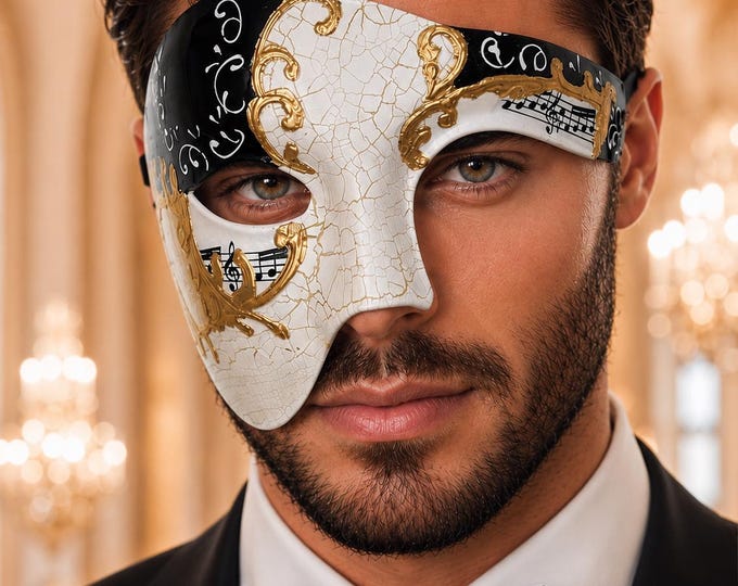 Black Gold Antique-Style Phantom of the Opera Half Face Masquerade Mask for Men | Vintage Mask for Mardi Gras, Halloween & Costume Parties