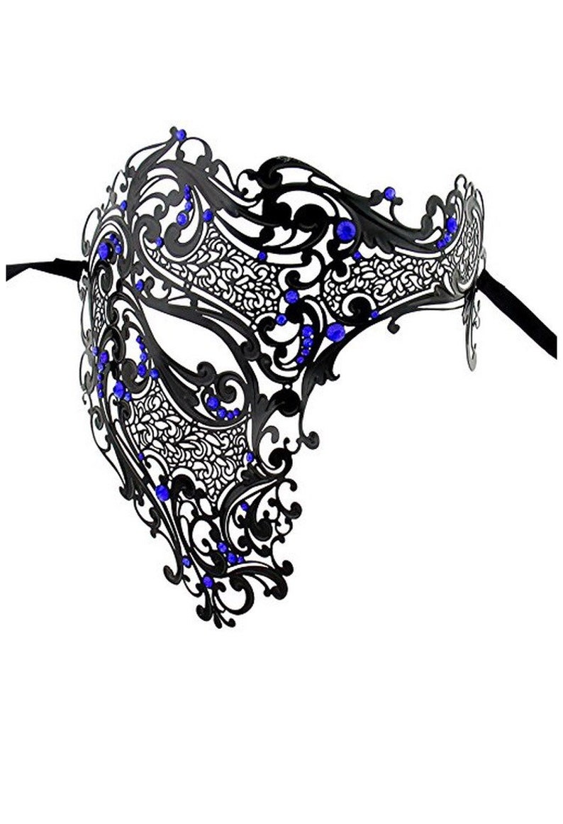 Luxury Mask Signature Phantom Of The Opera Half Face Mask Metal BLACK W BLUE STONES